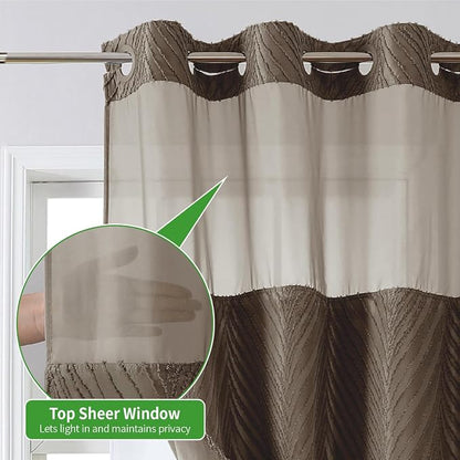 eachope no Hook Shower Curtain and Fabric Liner Set，Thanksgiving Autumn Shower Curtain, Boho Tufted Striped Style with See Through Top Window, Brown, 71Wx74H