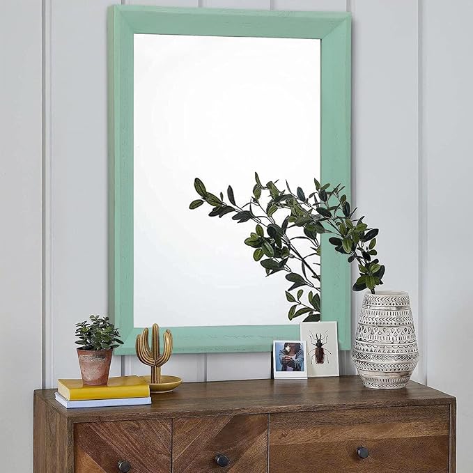 AAZZKANG Wood Framed Mirror Rectangle Modern Farmhouse Wall Mirrors Decor Large 26"x18" for Bedroom Living Room Bathroom Green