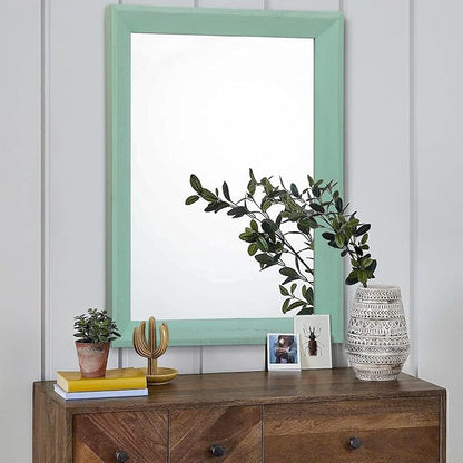 AAZZKANG Wood Framed Mirror Rectangle Modern Farmhouse Wall Mirrors Decor Large 26"x18" for Bedroom Living Room Bathroom Green