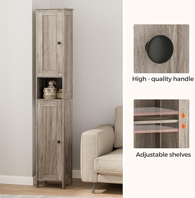 Tall Bathroom Storage Cabinet with 2 Doors, 67"H Narrow Storage Cabinet with Adjustable Shelves& Anti-Tip Design, Reversible Door Installation, Easy Assembly, 11.8 x 11.8 x 66.9 Inches, Greige