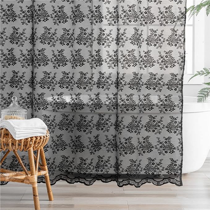 YJ YANJUN Black Lace Shower Curtain for Bathroom 72x72, Gothic Style with Attached Valance