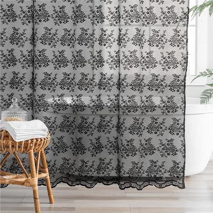 YJ YANJUN Black Lace Shower Curtain for Bathroom 72x72, Gothic Style with Attached Valance