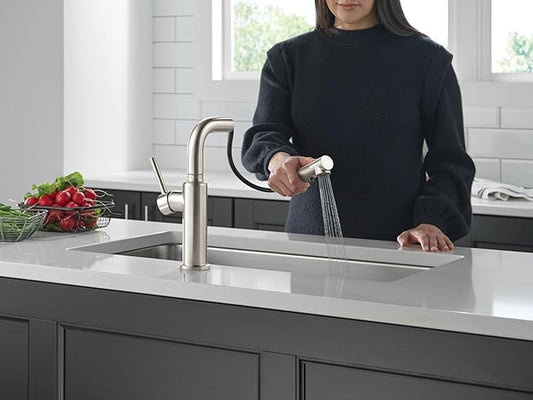 Delta Faucet Daneri Pull-Out Kitchen Faucet, Brushed Nickel Kitchen Faucets with Pull-Out Sprayer, Kitchen Sink Faucet, Faucet for Kitchen Sink with Magnetic Docking, Stainless 16879-SS-DST