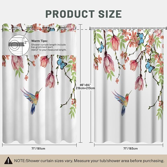 No Hook Floral Shower Curtain with Liner, Pink, 71x86 | Snap in Liner, 3 in 1, Water Repellent, Easy Install, Machine Washable, Hotel Style for Bathroom, Watercolor Pattern