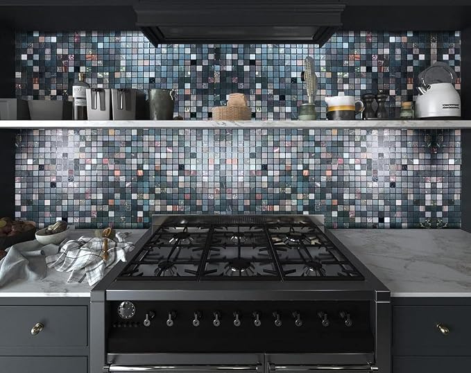 10 Sheets Peel and Stick Backsplash Tile for Kitchen, Self-Adhesive Mosaic Tile, Stick on Bathroom Vanities，Fireplace Décor, Laundry Table(12" X 12") (Black Printing)
