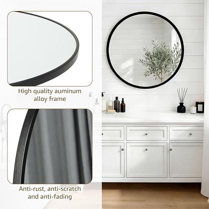 DUMOS 24 Inch Round Wall Mirror, Bathroom Mirrors for Over Sink | Matte Metal Framed Circle Mirror, Wall Decor for Bedroom, Entryway, Anti-Rust, Tempered Glass, Hanging or Leaning, Black