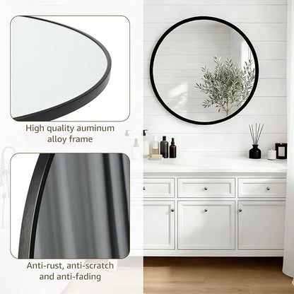 DUMOS 24 Inch Round Wall Mirror, Bathroom Mirrors for Over Sink | Matte Metal Framed Circle Mirror, Wall Decor for Bedroom, Entryway, Anti-Rust, Tempered Glass, Hanging or Leaning, Black