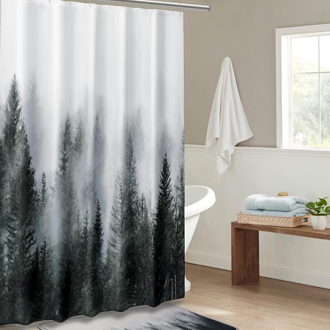 ORTIGIA 60x72 Misty Forest Stall Shower Curtain for Small Bathroom, Dark Green Narrow Nature Woodland Shower Curtain Set with Hooks, Waterproof Fabric Pine Tree Fog Magic Home Bath Curtain