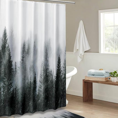ORTIGIA 60x72 Misty Forest Stall Shower Curtain for Small Bathroom, Dark Green Narrow Nature Woodland Shower Curtain Set with Hooks, Waterproof Fabric Pine Tree Fog Magic Home Bath Curtain