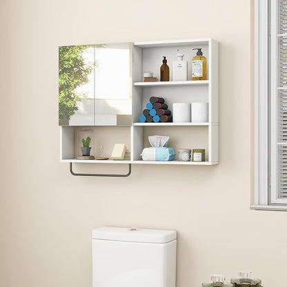 Bathroom Wall Cabinet, Medicine Cabinet, with Mirror & Towel Bar, White