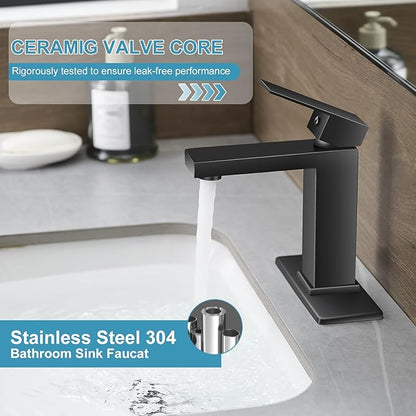 Bathroom Faucet 1 Hole Black Single Hole Bathroom Faucet Single Handle Faucet for Bathroom Sink Vanity RV (with Pop-up Drain and Deck) Suitable for 1 Hole or 3 Hole
