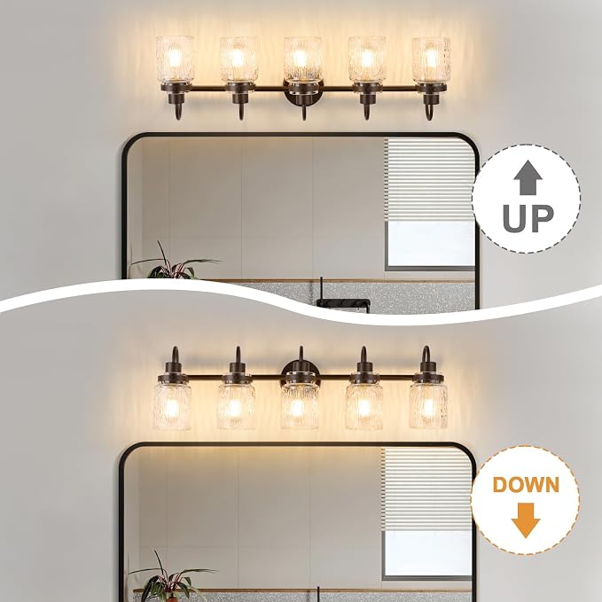 5 Lights Bathroom Vanity Light, Oil Rubbed Bronze Bathroom Light Fixtures with Hammered Glass Lampshade for Dressing Table,Over Mirror,Hallway