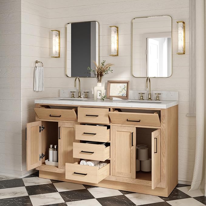 ARIEL Hepburn 60-inch Bathroom Vanity with Sink,Solid Wood, 1.5-inch Carrara White Quartz Countertop, Double Rectangular Porcelain Sink, 4 Soft Closing Doors, 6 Dovetail Drawers, White Oak