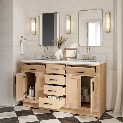 ARIEL Hepburn 60-inch Bathroom Vanity with Sink,Solid Wood, 1.5-inch Carrara White Quartz Countertop, Double Rectangular Porcelain Sink, 4 Soft Closing Doors, 6 Dovetail Drawers, White Oak