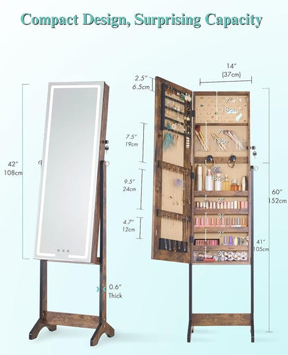 LUXFURNI Standing Jewelry Armoire Cabinet with Full‑Length Mirror Storage | 3‑Color LED Lights, 3 Brush Holders, 3 Adjustable Tilt Angles, True‑to‑View Glass, USB‑Powered Supply, Lockable Design