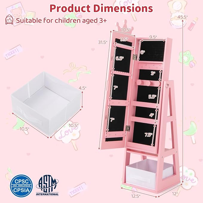 CHARMAID Kids Standing Jewelry Armoire - 45.5'' Pink Jewelry Cabinet with Full Length Mirror, Storage Drawer, Back Shelf and Kids Jewelry Organizer Box Vanity Dressing Mirror for Girls