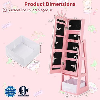 CHARMAID Kids Standing Jewelry Armoire - 45.5'' Pink Jewelry Cabinet with Full Length Mirror, Storage Drawer, Back Shelf and Kids Jewelry Organizer Box Vanity Dressing Mirror for Girls