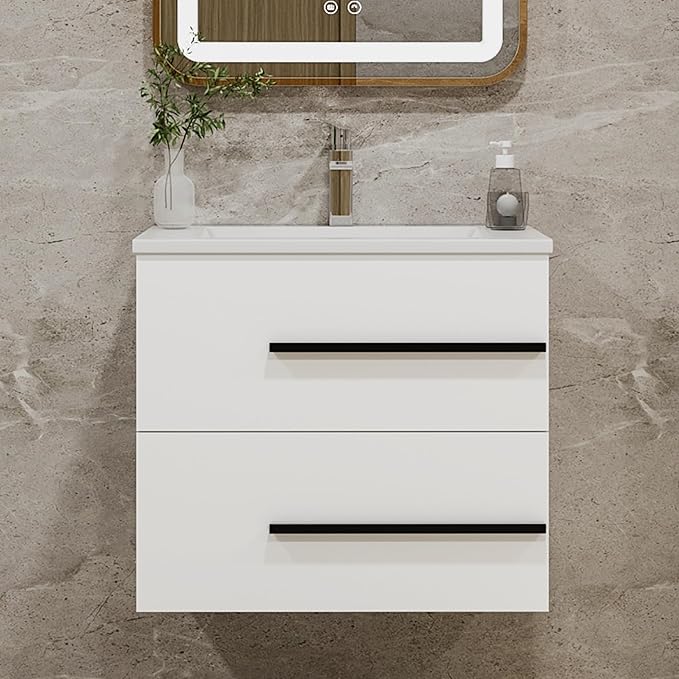 Bathroom Vanity no Sink 24" Designer Floating Bathroom Vanity with Fluted Drawers - Modern Wall Mounted Storage Cabinet, Black Handles & Soft-Close Drawes for Small Space Luxury (White)