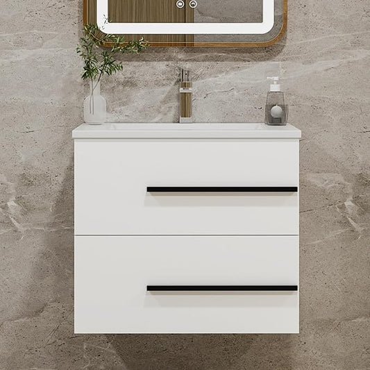 24 Inch Floating Bathroom Vanity with Sink, Fluted Drawers - Modern Wall Mounted Storage Cabinet, Black Handles & Soft-Close Drawers for Small Space Luxury(White with Sink, 24")
