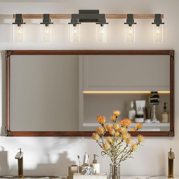 6 Light Bathroom Vanity Light 41 in with Glass Shade, Farmhouse Vanity Light for Bathroom Light fixtures Over Mirror, Square Rustic Brown