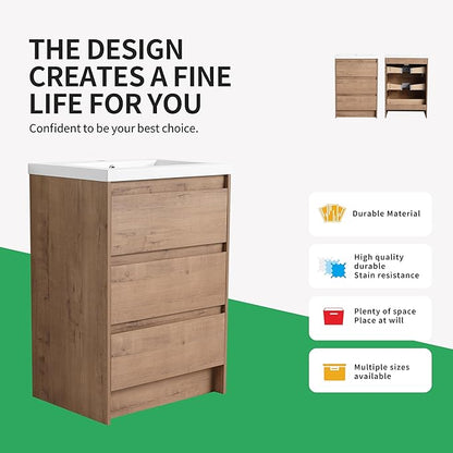 24" Bathroom Vanity with Sink, 24 Inch Freestanding Vanity with 3 Drawers, Single Resin Sink Floor Stand Cabinet Set Imitative Oak (Space-Saving for Small Bathrooms)