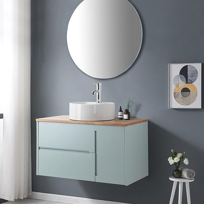 36 inch Bathroom Vanity with Sink and Solid Wood Countertop, Wall Mounted Bathroom Vanity Cabinet with 2 Drawers & 1 Door, Modern Floating Bathoom Vanity Set Include Round Ceramic Basin Sink & Mirror