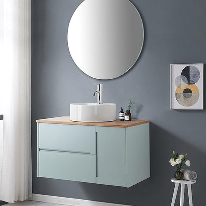 36 inch Bathroom Vanity with Sink and Solid Wood Countertop, Wall Mounted Bathroom Vanity Cabinet with 2 Drawers & 1 Door, Modern Floating Bathoom Vanity Set Include Round Ceramic Basin Sink & Mirror