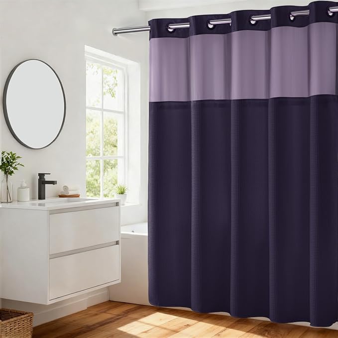 River Dream Waffle No Hook Shower Curtain with Liner,Regal Purple,71x74 | Dotted Waffle,Snap-in Liner,Heavy Duty,Quick Dry,Mesh Top Window,With Bottom Magnets,Hotel-Grade,Washable,Standard Size