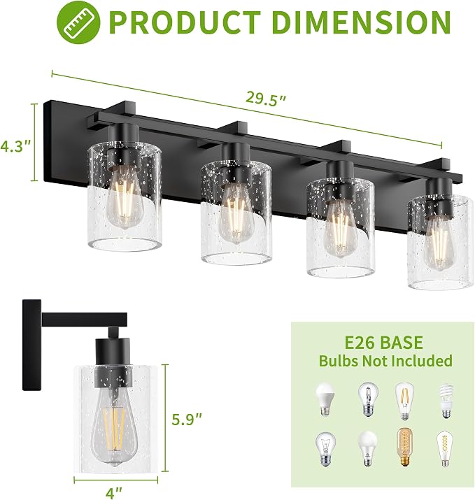4-Light 30inch Black Vanity Light, Thickened Seeded Glass Shade | Over Mirror for Bathroom, Rust Resistant, E26 Base, Easy Install, Removable Glass Shade Horizontal Mount, Dimmable
