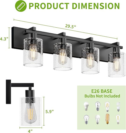4-Light 30inch Black Vanity Light, Thickened Seeded Glass Shade | Over Mirror for Bathroom, Rust Resistant, E26 Base, Easy Install, Removable Glass Shade Horizontal Mount, Dimmable