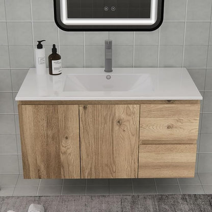 Wall-Mounted Bathroom Vanity with Sink, 2 Soft-Close Drawers and Doors – Moisture-Resistant MDF, Space-Saving Design for Modern Bathrooms (Nature with Sink, 36)