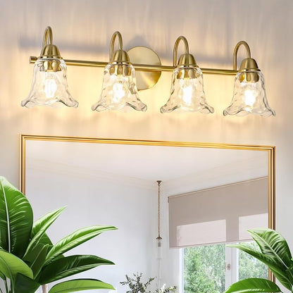Bathroom Light Fixtures Over Mirror, 4 Lights Vintage Wall Sconces with Hammered Glass Shade, 26.8" Gold Bathroom Wall Light Fixtures for Bedroom, Porch, Hotel, Mirror Cabinet