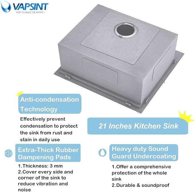 VAPSINT 21x20 Inch Drop In Kitchen Sink Workstation, 21 Inch Topmount Kitchen & Bar Sink 16 Gauge Stainless Steel Handmade Single Bowl Small Kitchen Sinks for RV Wet Prep with Accessories