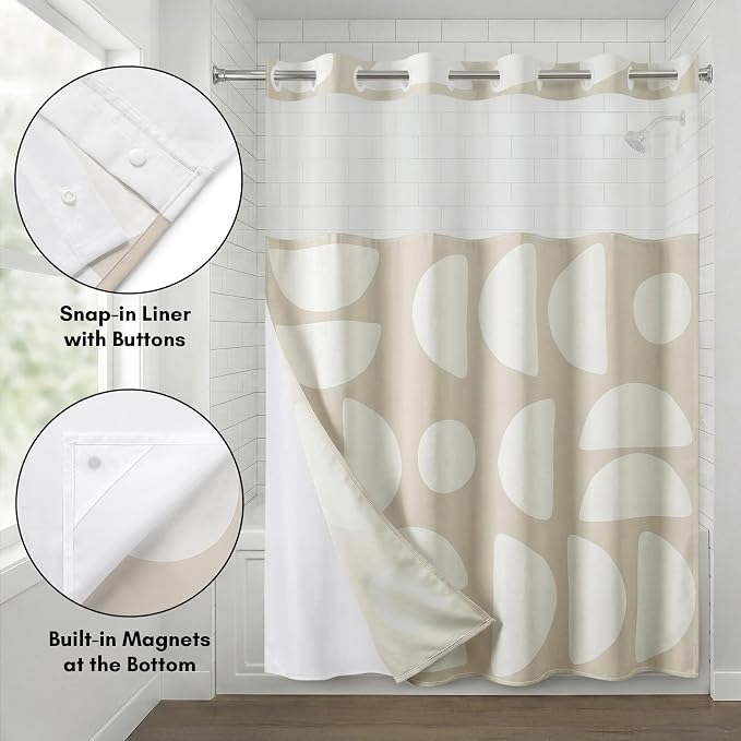 Americanflat 72x75 Hookless Shower Curtain - Water-Resistant Modern Shower Curtain with Sheer Panel, Snap-in Liner, and Durable Grommets - 100% Polyester - Warm Beige and Ivory