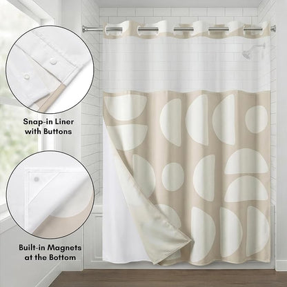 Americanflat 72x75 Hookless Shower Curtain - Water-Resistant Modern Shower Curtain with Sheer Panel, Snap-in Liner, and Durable Grommets - 100% Polyester - Warm Beige and Ivory
