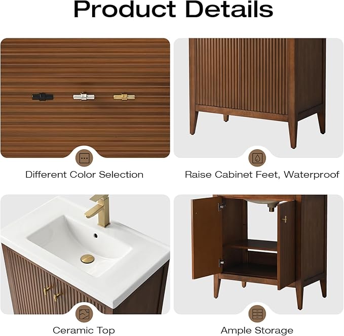 Vanity Art 30 inch Walnut Bathroom Vanity with Single Sink & Ceramic Top, Vanity Cabinet with Soft-Closing Door, Solid Wood Frame, Linear Pattern, Walnut, VA9130-Walnut-MB,Matte Black Handles