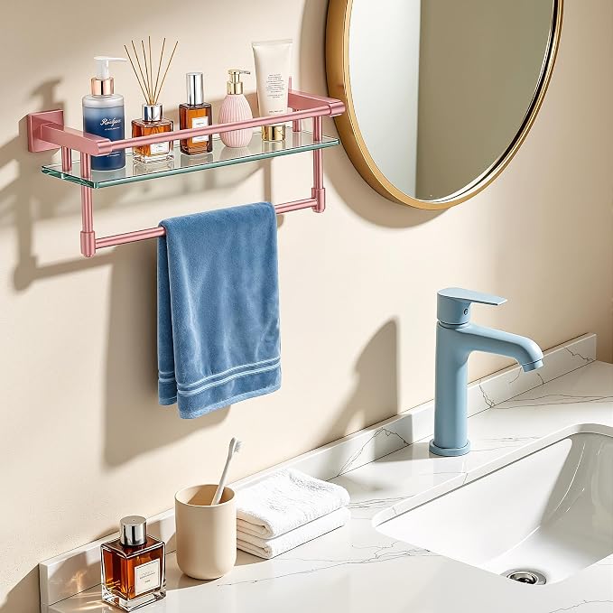 Bathroom Glass Shelf Towel Rack Shelf Glass Organizer Wall-Mounted Bathroom Storage SUS304 Stainless Steel Towel bar/Track Wall-Mounted Tempered Glass Stainless Steel Shelf (Pink, 16‘’ with Railing)