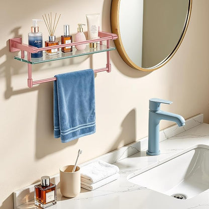 Bathroom Glass Shelf Towel Rack Shelf Glass Organizer Wall-Mounted Bathroom Storage SUS304 Stainless Steel Towel bar/Track Wall-Mounted Tempered Glass Stainless Steel Shelf (Pink, 16‘’ with Railing)