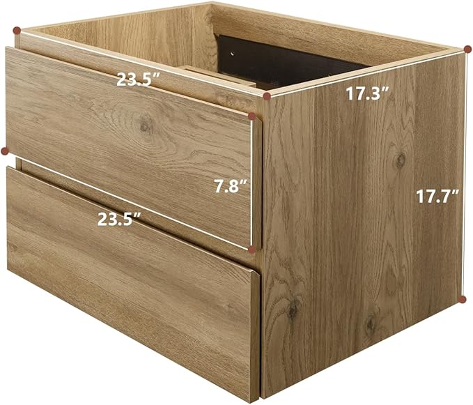 Wall-Mounted Bathroom Vanity with 2 Soft-Close Drawers – Moisture-Resistant MDF, Space-Saving Design for Modern Bathrooms (Nature Without Sink, 24)