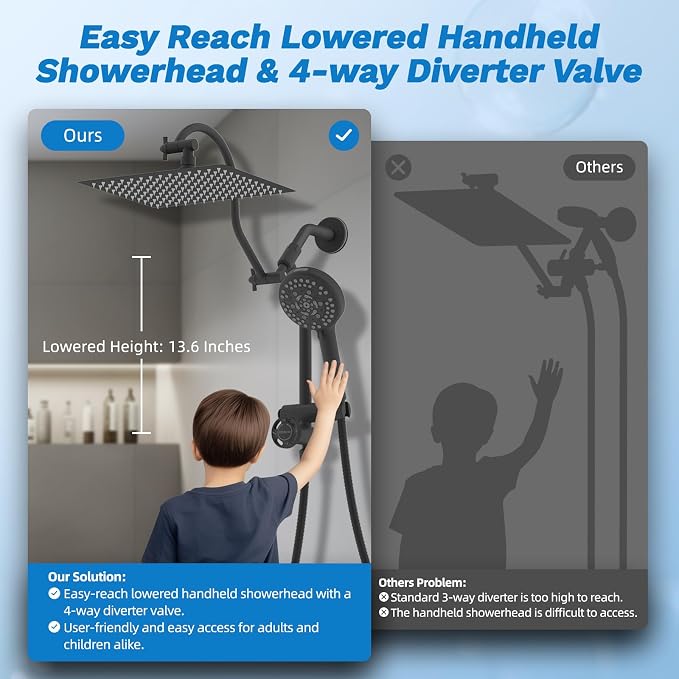 Hibbent High Pressue All Metal 12" Rainfall Shower Head, Handheld 10-Spray | cUPC Certified Matte Black Dual Showerhead Combo, 4-way Diverter with Pause Mode, Brass Extension Arm, 71'' Hose & Holder