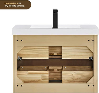 30 Inch Floating Sink Bathroom Vanity Wall Mount Single Vanities with Top | Pre-Assembled, Sturdy Solid Wood, Modern Vanity, Ceramic Sink, Large Storage Cabinet, Soft Closing Doors, Dovetail Drawers