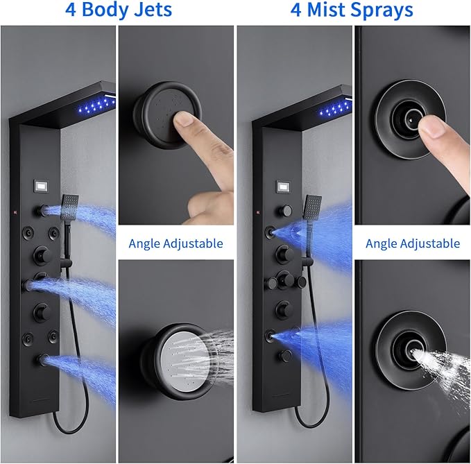 POPFLY 6 In 1 LED Shower Panel Tower System, 8 Body Massage Jets, Stainless Steel Wall Mount Rainfall ＆ Waterfall Shower Column Towers with Temperature Display, Tub Spout, Matt Black