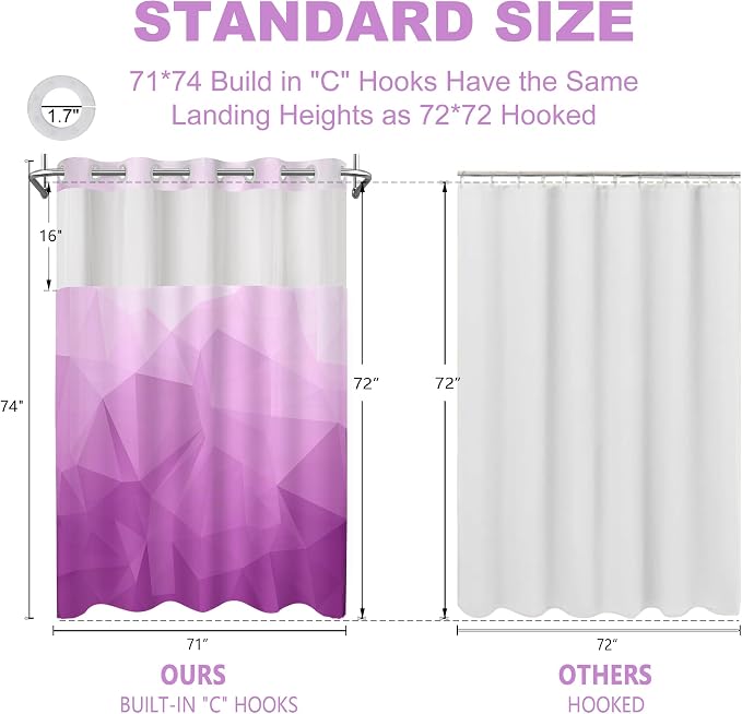No Hook Shower Curtain with Snap in Liner Set, Light Purple, 71x74 | Waterproof Fabric for Bathroom, Modern Hotel Style Ombre Design, Mesh Top Window, Machine Washable, Quick Install