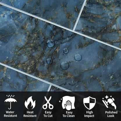AULIGET 40-Piece Polished Blue Marble Peel and Stick Backsplash Wall Tiles, 3" x 12" PVC Faux Stone Stick on Tiles for Backsplash Kitchen, Bathroom, Laundry Room, Camper, Fireplace