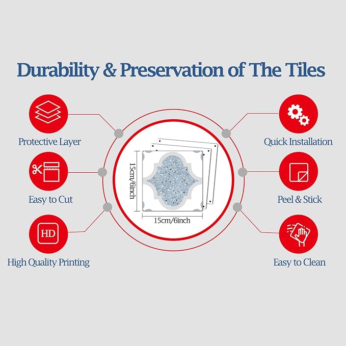 Peel & Stick Tile Stickers 12 PCS Self Adhesive Backsplash Decorative Wall Stickers for Kitchen Bathroom Tile Decals Waterproof & Removable 6" x 6" Blue Terrazzo