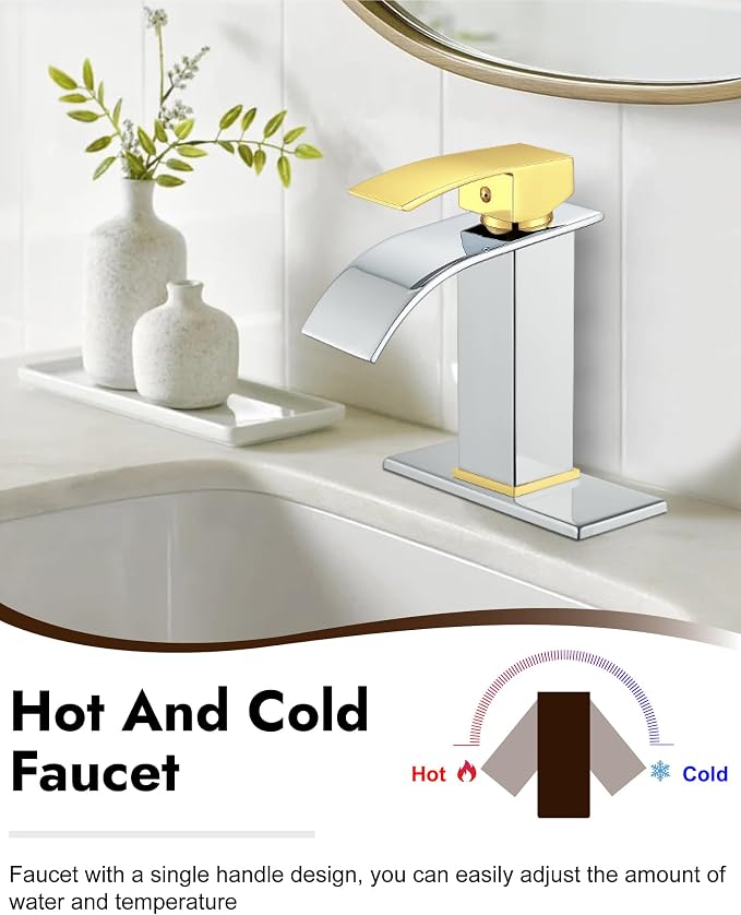 Midanya Waterfall Bathroom Faucet 1 Hole,Polish Gold Handle/Polish Chrome | with 24” Hoses,Pop Up Drain,6” Deck Plate,for 1 or 3 Hole Vanity,Lavatory,RV,Single Handle Bathroom Sink Faucet,NSF Certified
