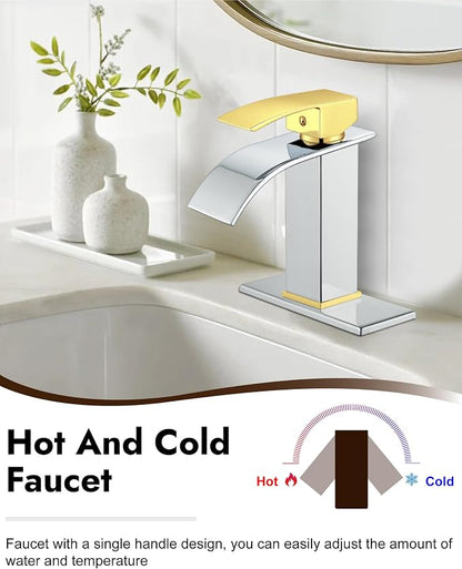 Midanya Waterfall Bathroom Faucet 1 Hole,Polish Gold Handle/Polish Chrome | with 24” Hoses,Pop Up Drain,6” Deck Plate,for 1 or 3 Hole Vanity,Lavatory,RV,Single Handle Bathroom Sink Faucet,NSF Certified