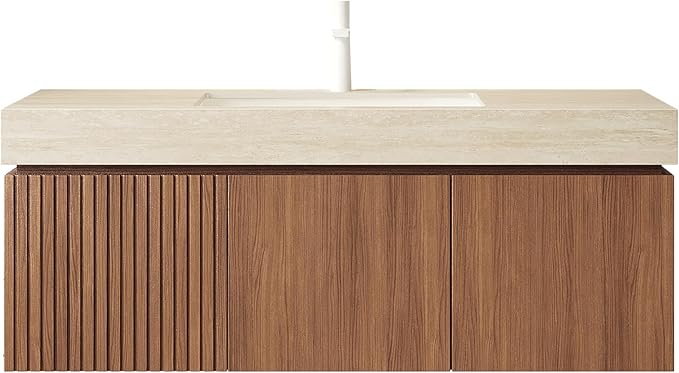 KEIKI 48 Inch Floating Bathroom Vanity with Sink, Modern Wall Mounted Storage Cabinet with Drawer, Pre-assembled Waterproof Wood Panels, Sintered Stone Top & Ceramic Basin Combo Set, Brown Oak & Beige