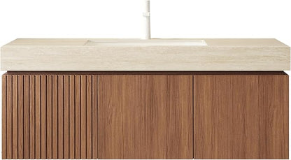 KEIKI 48 Inch Floating Bathroom Vanity with Sink, Modern Wall Mounted Storage Cabinet with Drawer, Pre-assembled Waterproof Wood Panels, Sintered Stone Top & Ceramic Basin Combo Set, Brown Oak & Beige