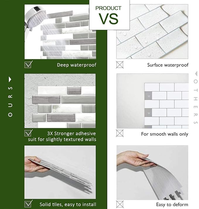 STICKGOO Thicker Design Peel and Stick Tile Backsplash, 12”×12”Stick on Backsplash for Kitchen, Self Adhesive Tile for Kitchen Backsplash and Bathroom(10 Sheets, Gray)